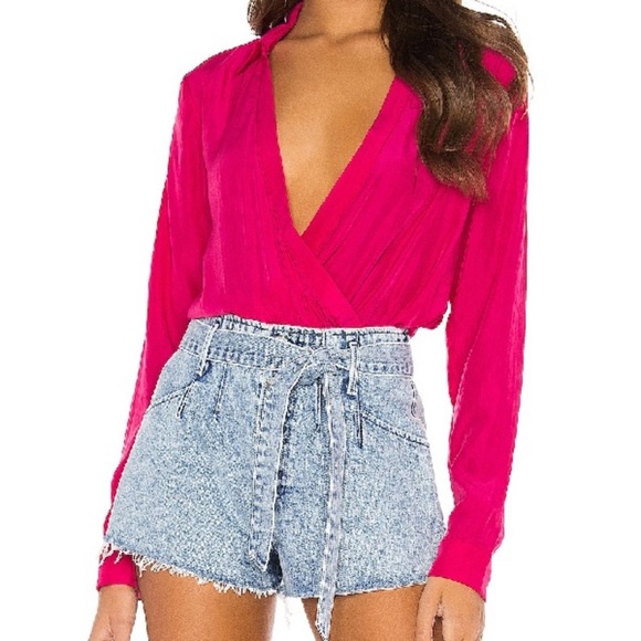 superdown Tops - NEW Revolve x Superdown Women Hot Pink Presley Surplice Bodysuit X-Small XS